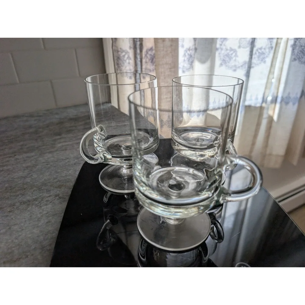 Vintage Clear Glass Footed Pedestal Coffee Mugs Cups Set of 3 Loop Handles 5